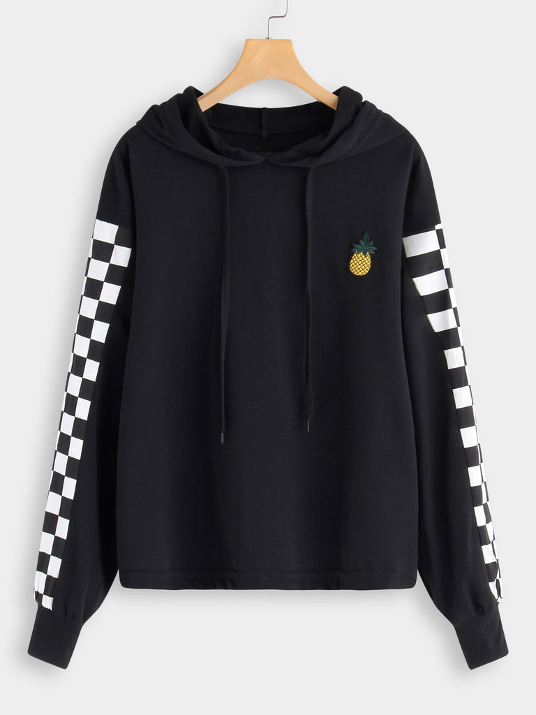 Grid Embroidered Hooded Long Sleeve Black Plus Size Tops