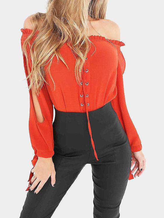 Off The Shoulder Lace-Up Long Sleeve Red Top
