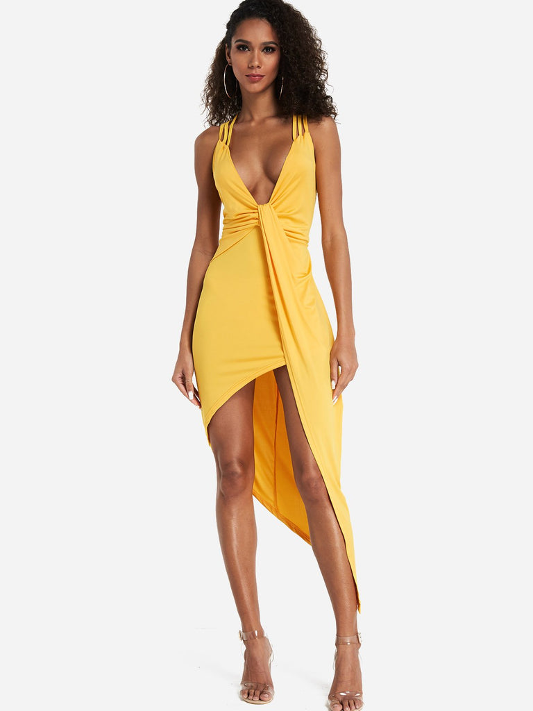 Yellow Deep V Neck Sleeveless Plain Backless Spaghetti Strap Irregular Hem Dresses