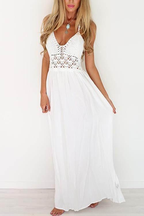 White Halter Sleeveless Plain Backless Lace-Up Spaghetti Strap Beach Dress