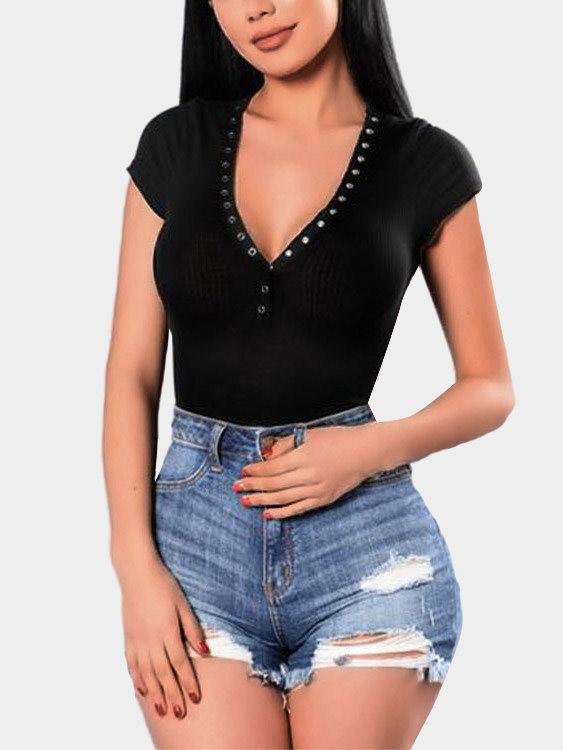 Bodycon V-Neck Single Breasted T-Shirts