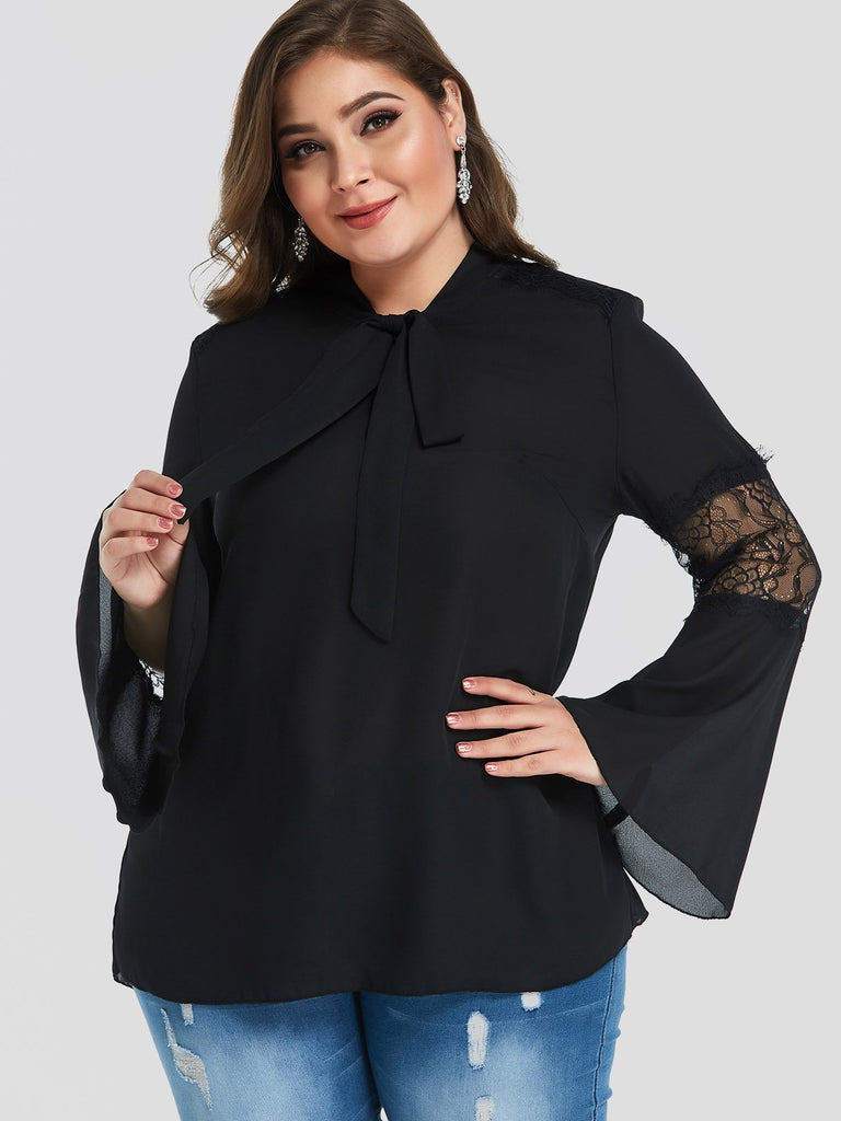 Lace Long Sleeve Black Plus Size Tops