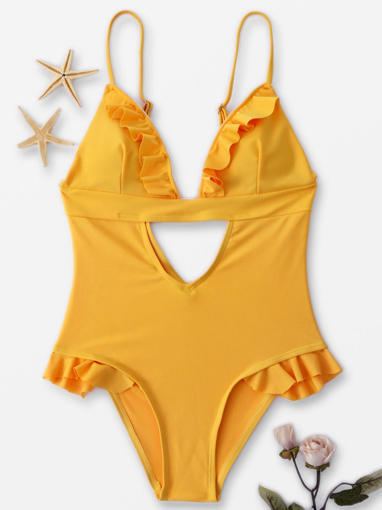 Yellow Sleeveless Plain Backless Cut Out One-Pieces Swimsuits