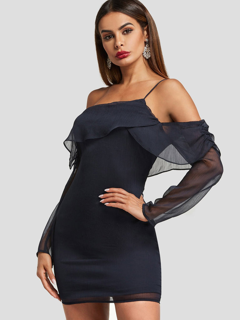 Navy Off The Shoulder Sleeveless Plain Backless Spaghetti Strap See Through Dresses