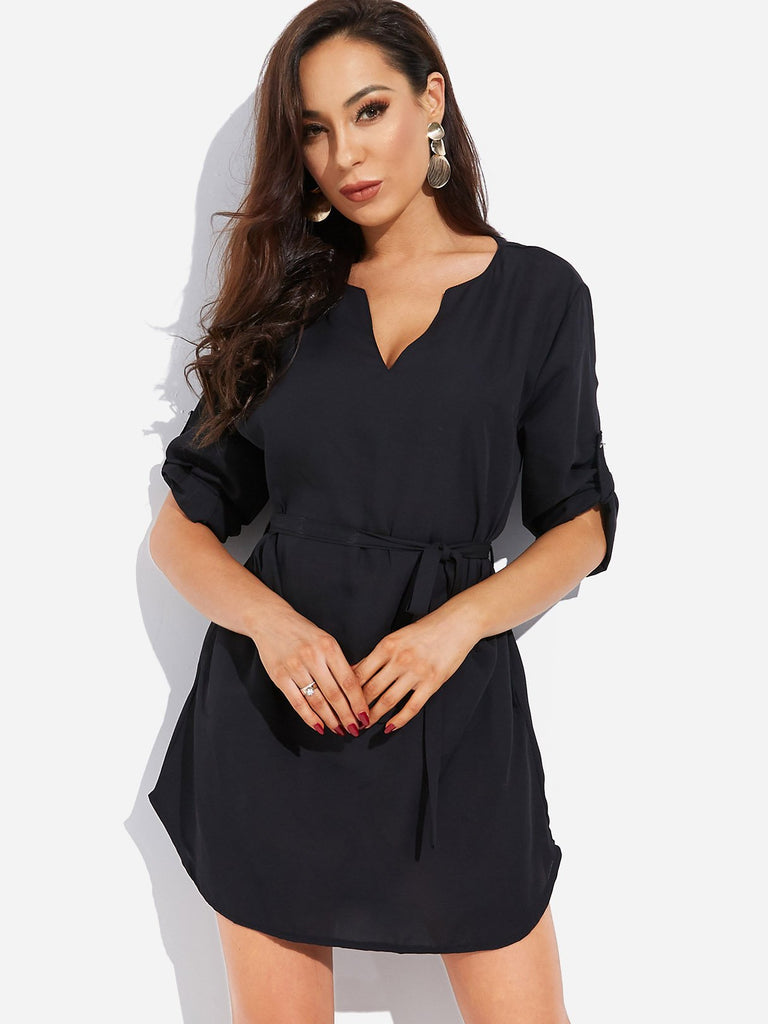 Black V-Neck 3/4 Length Sleeve Plain Self-Tie Curved Hem Dresses