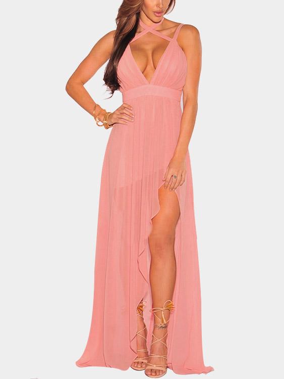 Pink V-Neck Sleeveless Backless Irregular Hem Maxi Dress