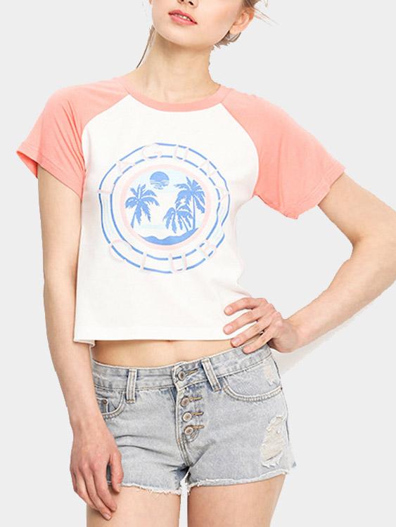 Casual Double Color Random Print Pattern Cropped T-Shirt