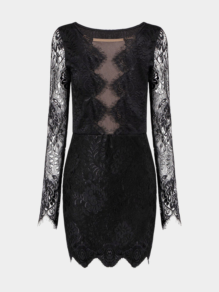Black Long Sleeve Lace Cut Out Sexy Dress