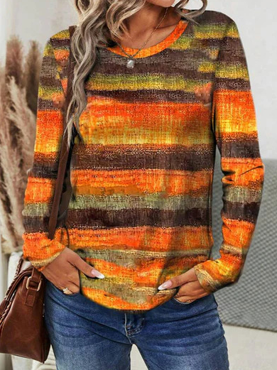 Fashion Crew Neck Long Sleeve Striped Loose Regular T-Shirt