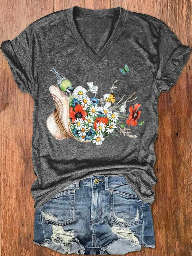 Casual V Neck Short Sleeve Floral Fashion Regular T-Shirt