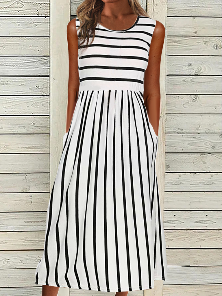 Fashion Sleeveless Crew Neck Striped Maxi Dress