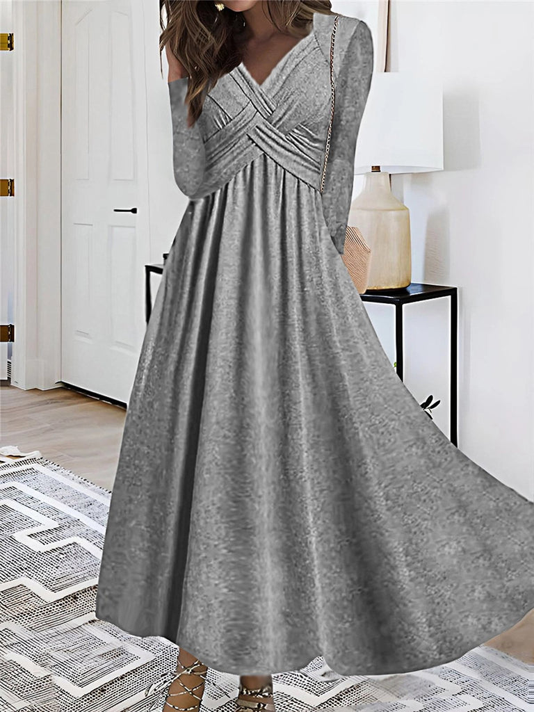 Fashion V Neck Long Sleeve Plain Loose Maxi Dress