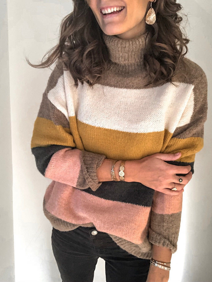 Fashion Crew Neck Long Sleeve Striped Loose Regular Sweater