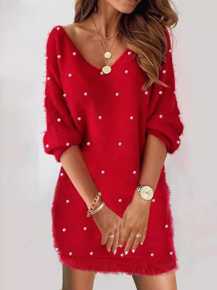 Fashion V Neck Long Sleeve Plain Loose Short Dress