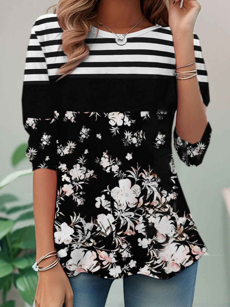 Loose Crew Neck Long Sleeve Floral Striped Fashion Regular T-Shirt
