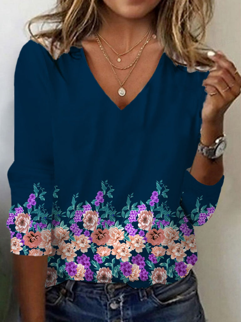 Casual V Neck Long Sleeve Floral Regular T-Shirt
