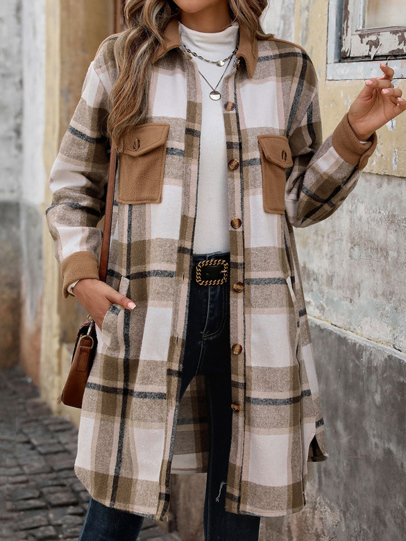 Loose Shawl Collar Long Sleeve Plaid Fashion Regular Jacket