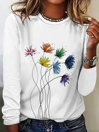 Casual Crew Neck Long Sleeve Floral Fashion Regular T-Shirt