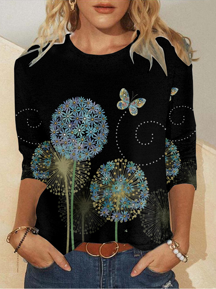 Casual Crew Neck Long Sleeve Floral Fashion Regular T-Shirt