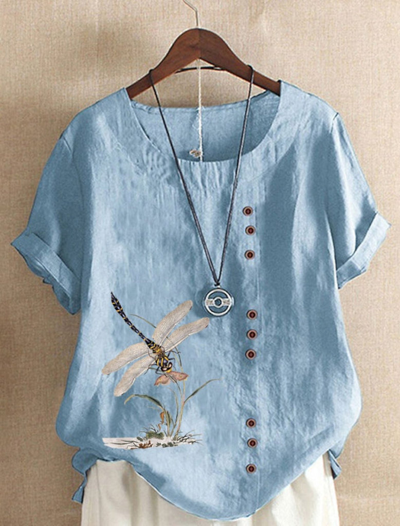 Loose Short Sleeve Crew Neck Dragonfly Fashion Mid-Long Blouse