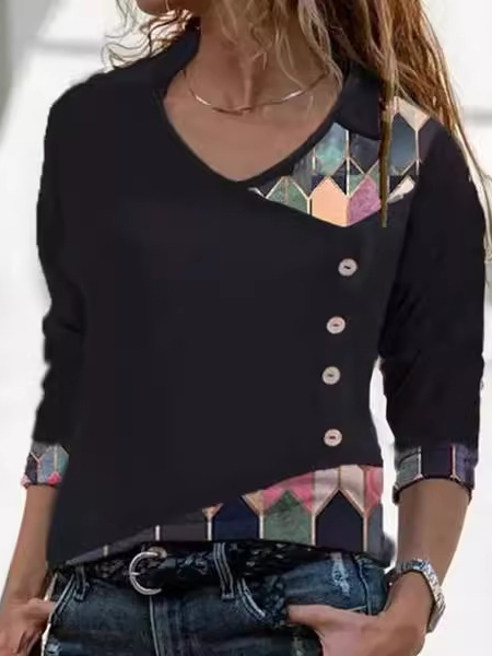 Loose V Neck Long Sleeve Abstract Graphic Fashion Regular Blouse