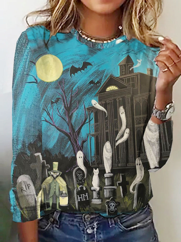Fashion Crew Neck Long Sleeve Halloween Casual Regular T-Shirt