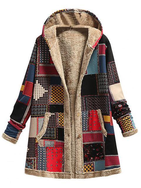 Loose Hoodie Long Sleeve Colorblock Vintage Mid-Long Coat