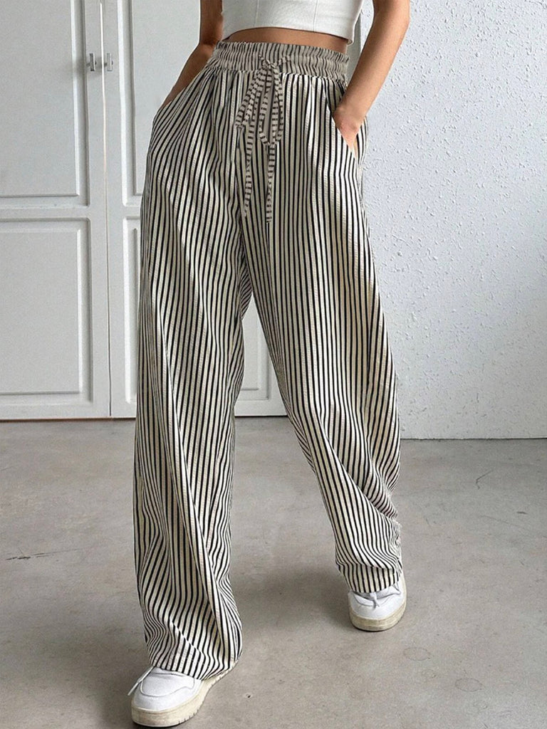 Fashion Striped Pocket Stitching Loose Long Pants