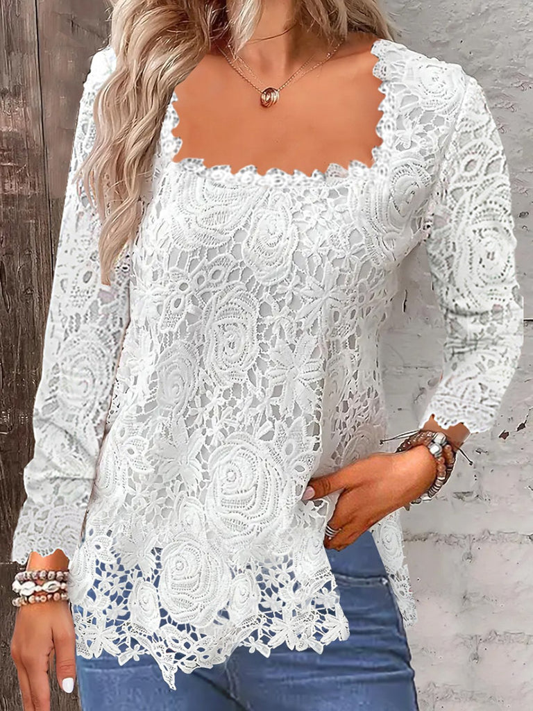 Fashion Long Sleeve Square Neck Plain Loose Regular Blouse