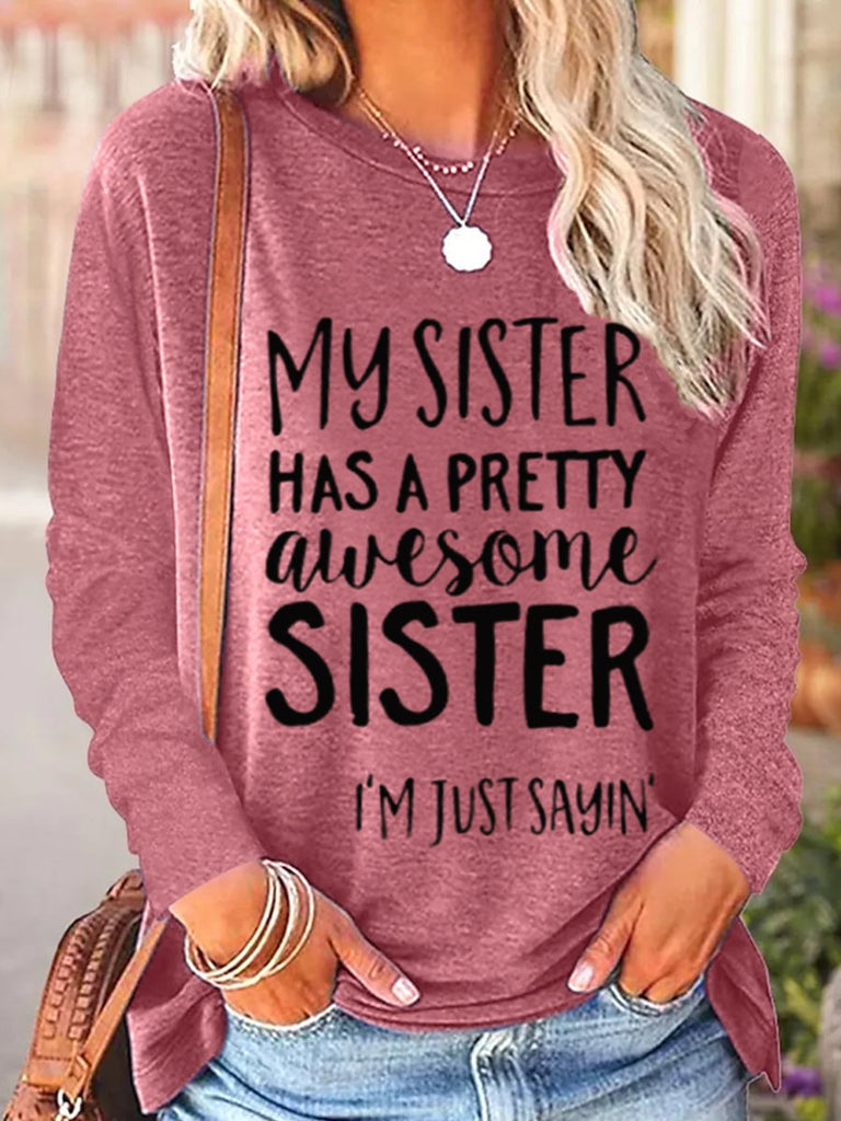 Fashion Crew Neck Long Sleeve Text Letters Loose Regular Blouse