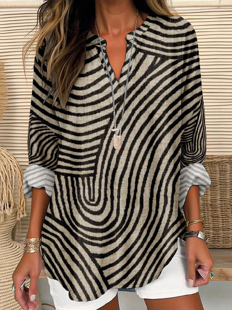 Fashion Long Sleeve Notched Abstract Stripes Loose Mid-Long Blouse