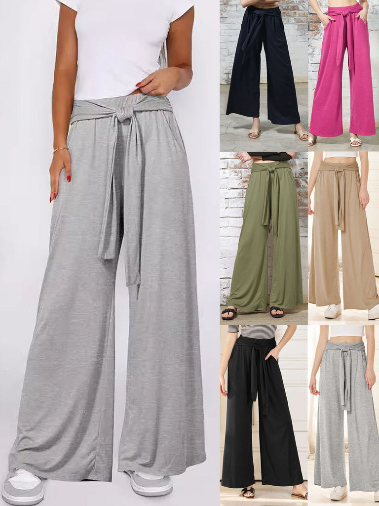 Fashion Plain Knot Front Loose Long Pants