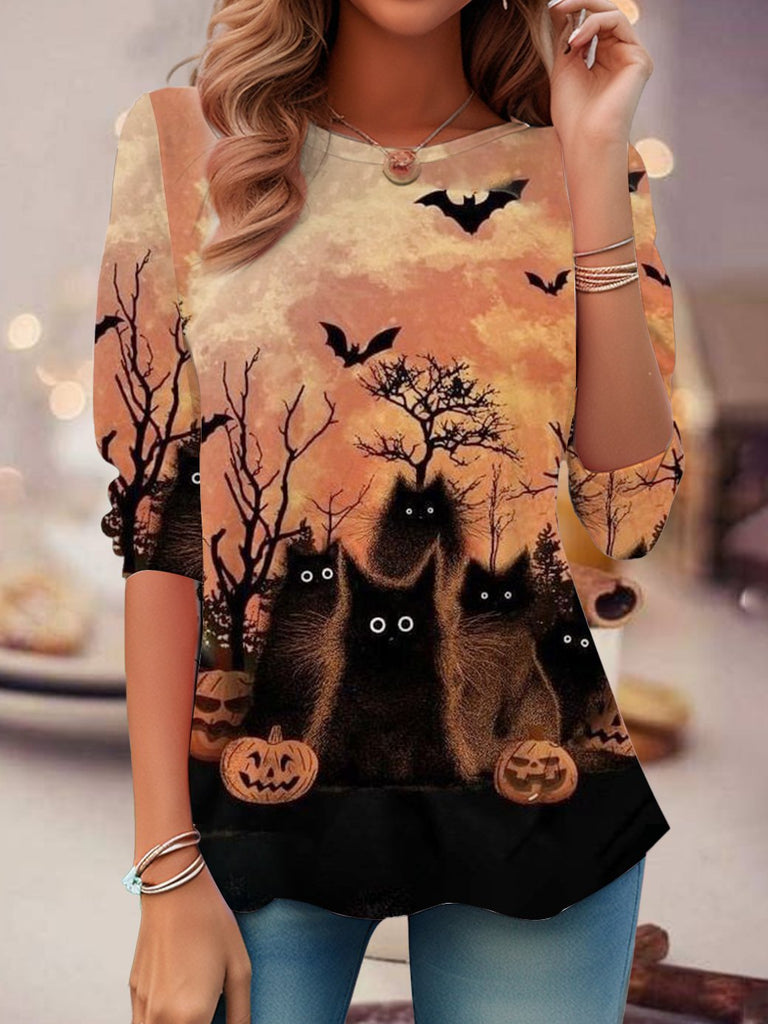 Vintage Crew Neck Long Sleeve Cat Loose Regular Blouse
