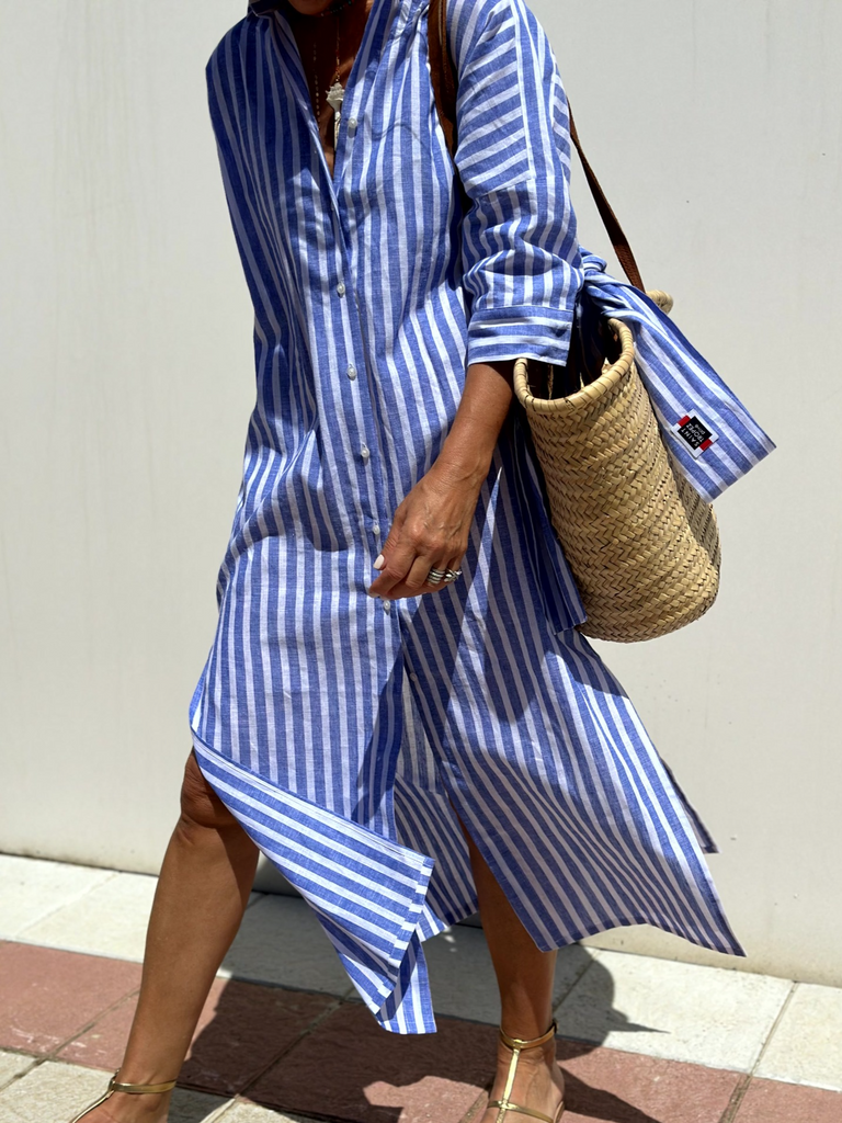 Fashion Half Sleeve Shirt Collar Striped Midi Dress