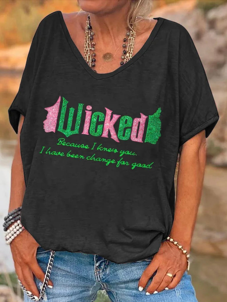 Vintage V Neck Short Sleeve Text Letters Loose Regular T-Shirt