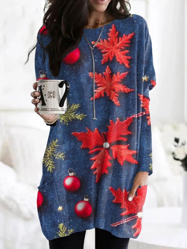 Crew Neck Long Sleeve Geometric Vintage Mid-Long T-Shirt