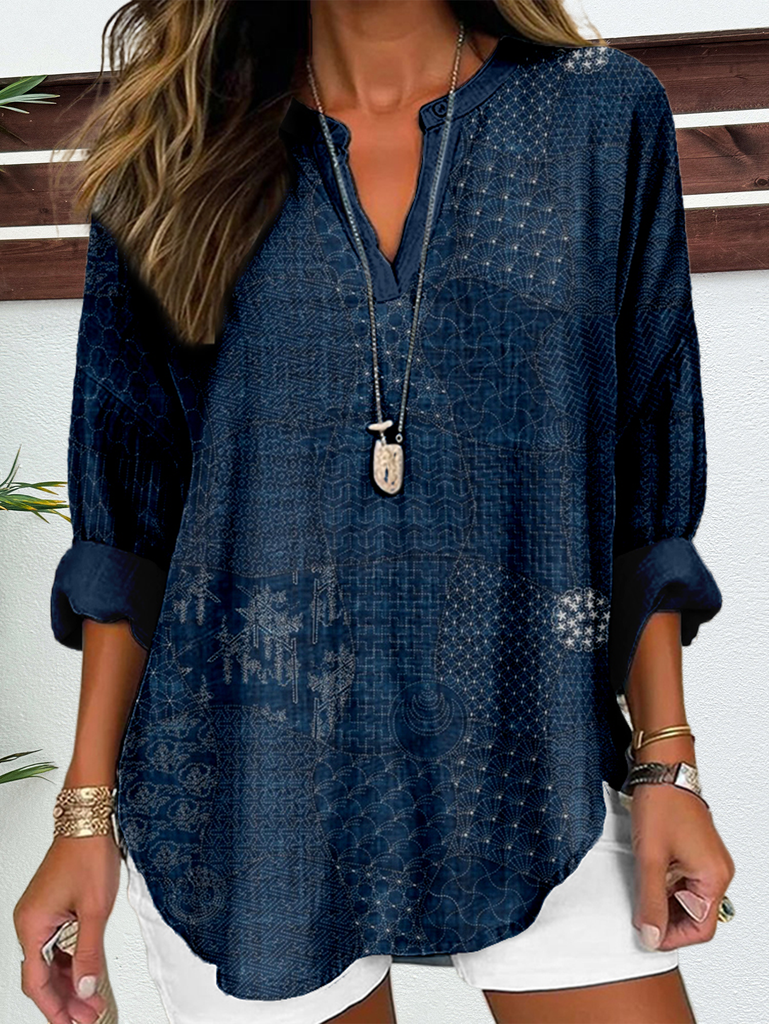 Fashion Long Sleeve Notched Random Print Loose Regular Blouse