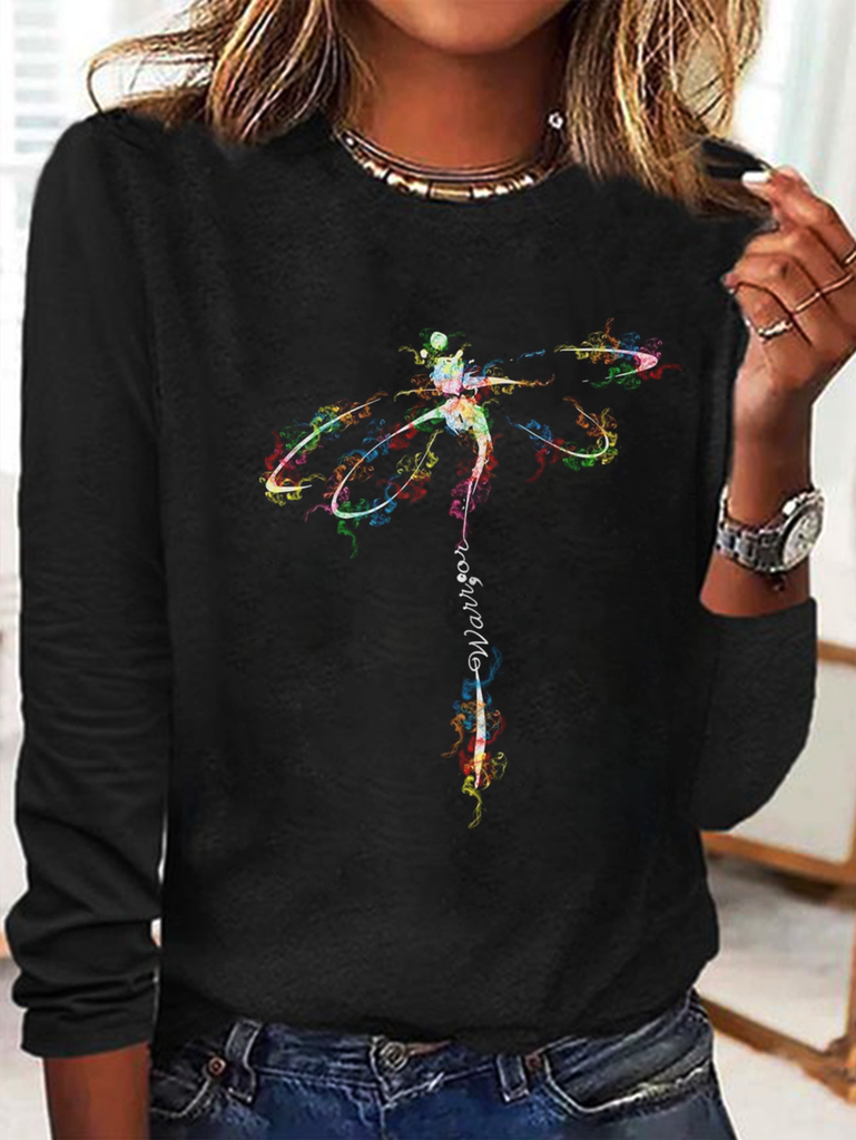Casual Crew Neck Long Sleeve Dragonfly Fashion Regular T-Shirt