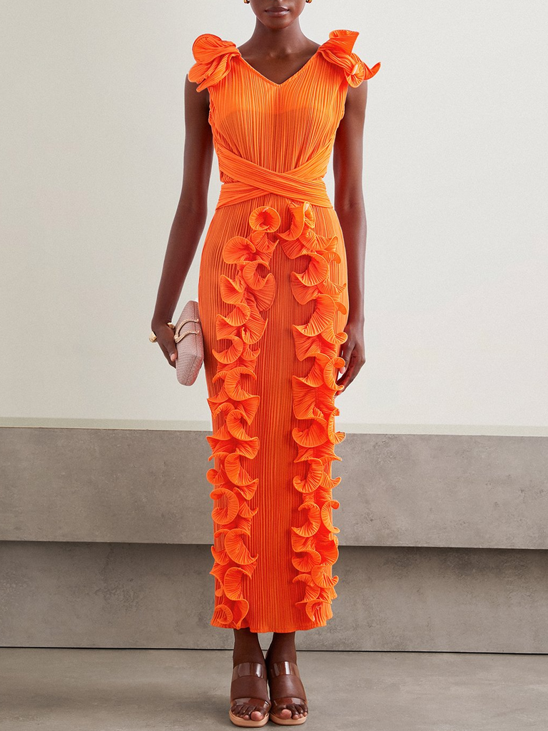 Elegant V Neck Short Sleeve Plain Ruched Maxi Dress