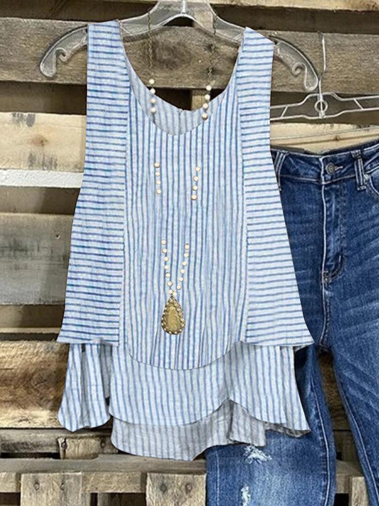 Loose V Neck Sleeveless Striped Fashion Mid-Long Tank Top