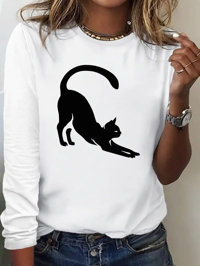 Fashion Crew Neck Long Sleeve Cat Casual Regular T-Shirt