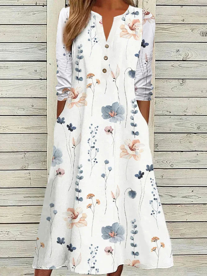 Fashion Long Sleeve Notched Floral Loose Midi Dress