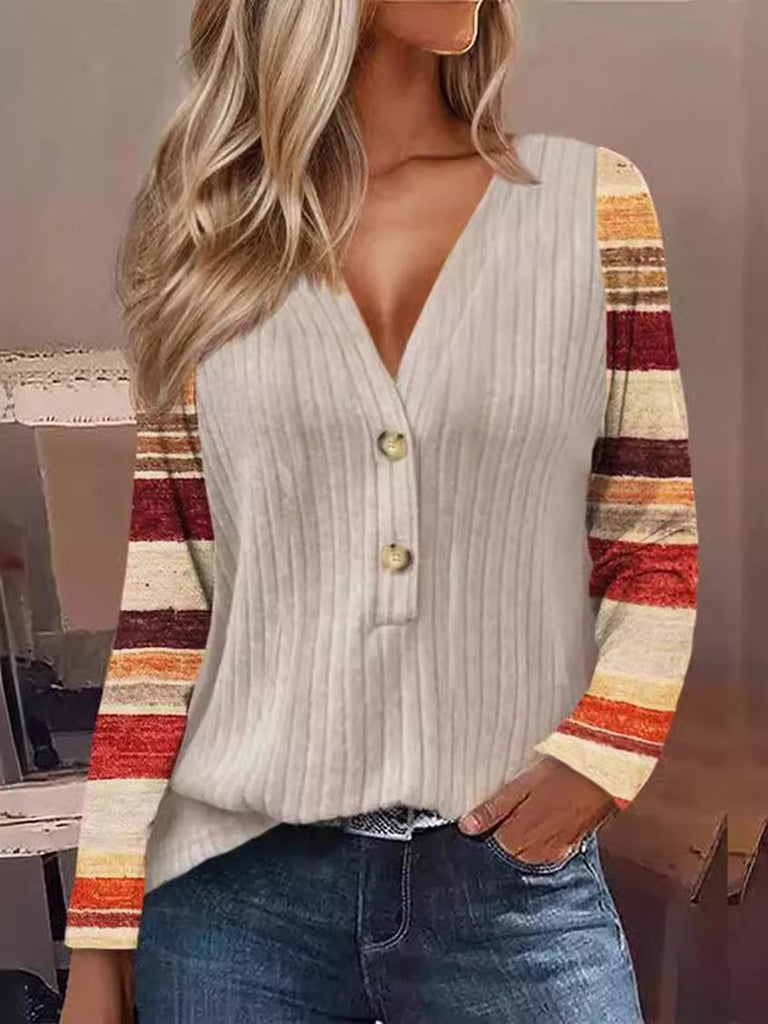 Loose V Neck Long Sleeve Striped Fashion Regular Blouse