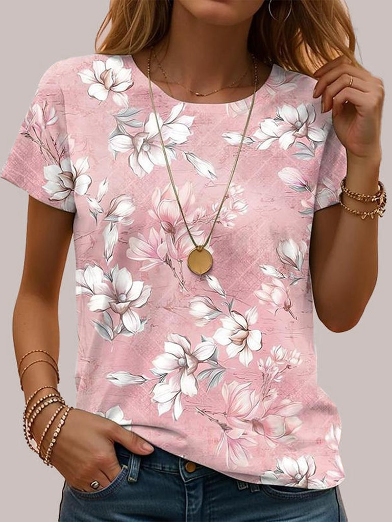Fashion Short Sleeve Crew Neck Floral Casual Regular T-Shirt