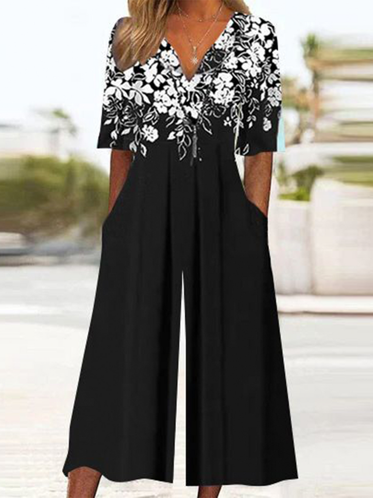Loose V Neck Short Sleeve Floral Fashion Ankle Jumpsuit
