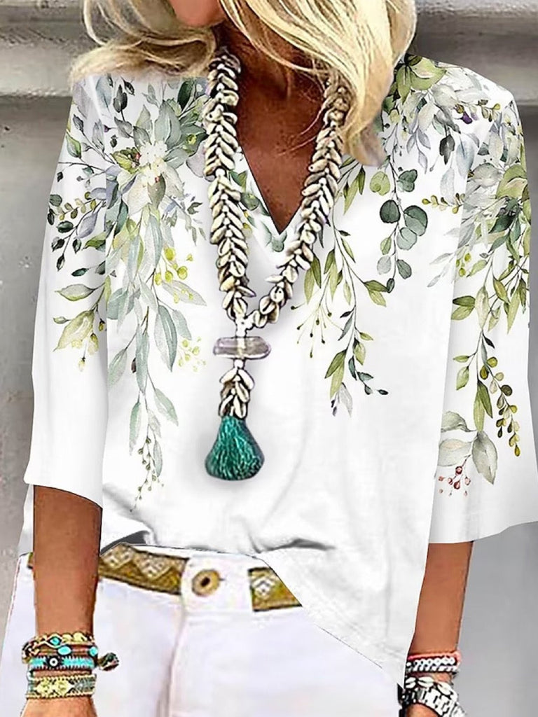 Fashion 3/4 Sleeve V Neck Floral Leaf Casual Regular Blouses