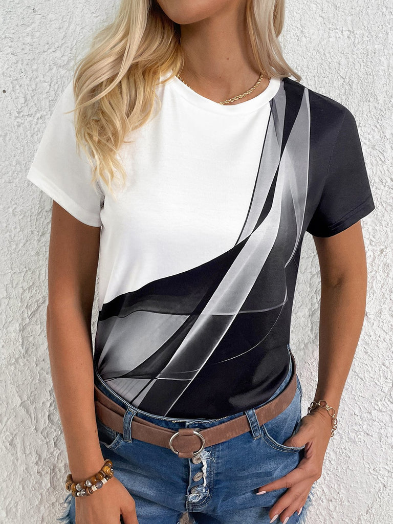 Fashion Short Sleeve Crew Neck Geometric Loose Regular T-Shirt