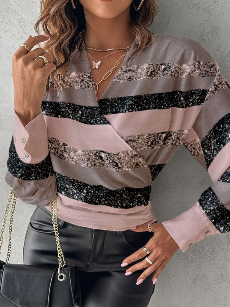Fashion V Neck Long Sleeve Geometric Regular Blouse