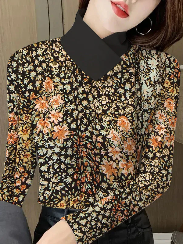 Plus Size Fashion Long Sleeve Floral Regular Blouse