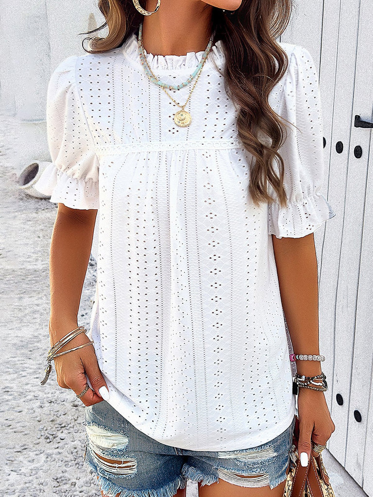 Loose Short Sleeve Stand Collar Plain Fashion Regular Blouse